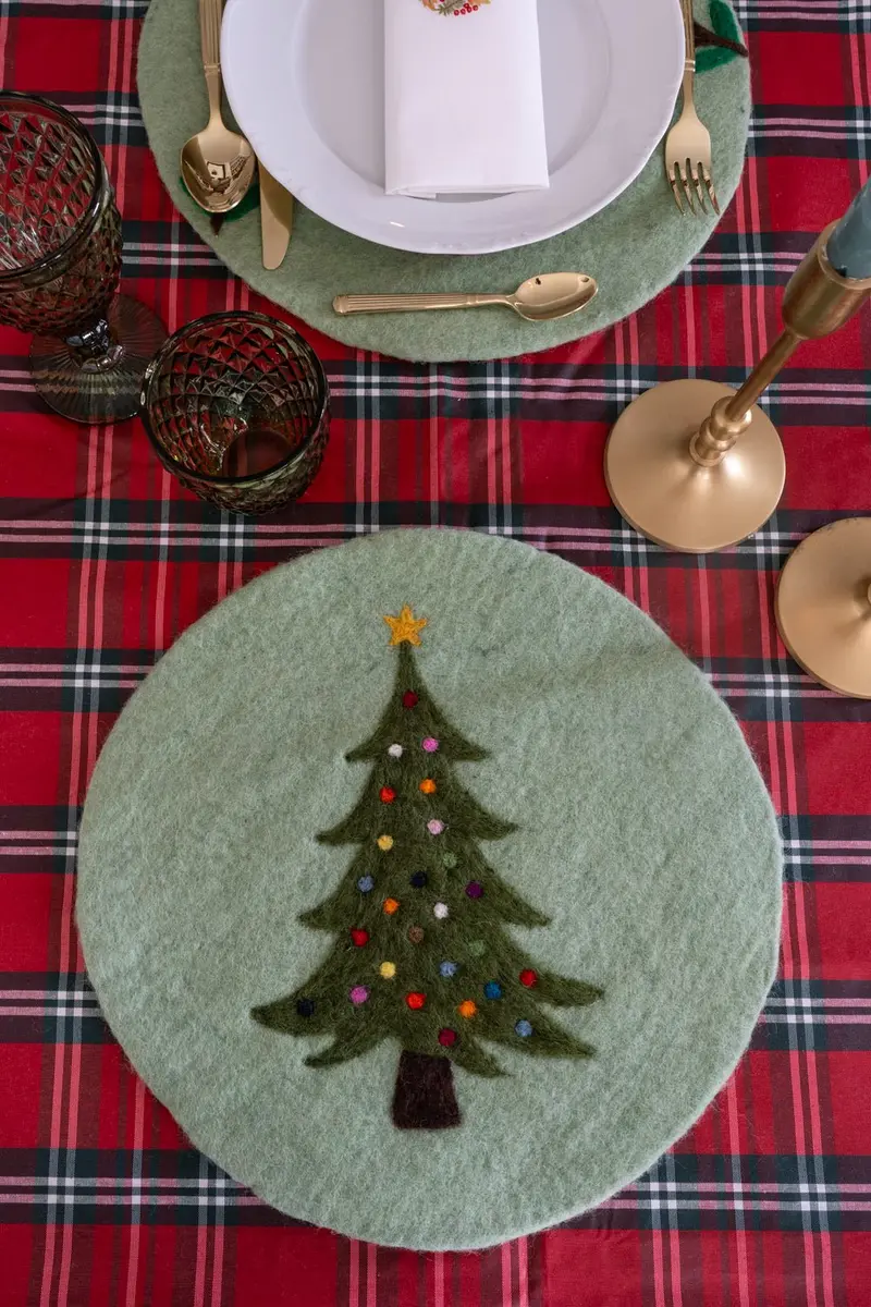 Individual De Fieltro Verde Con Diseño De Árbol De Navidad