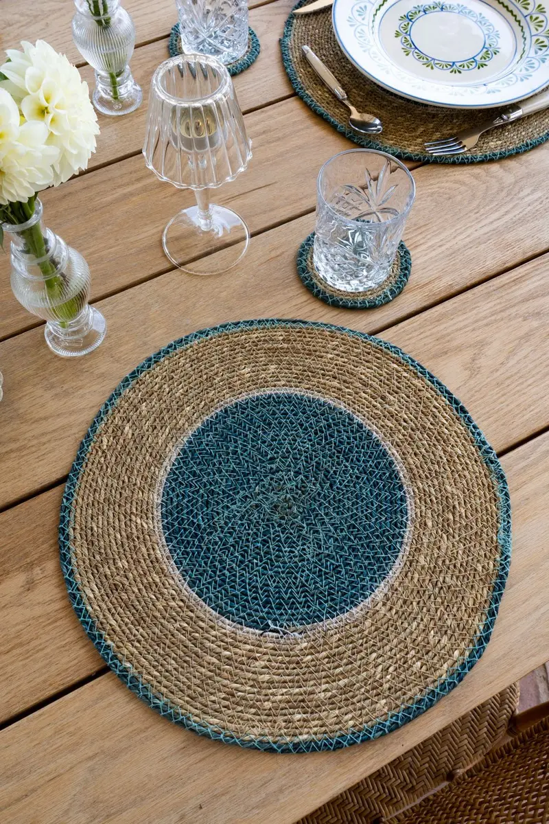 Individual Redondo de Seagrass Beige y Azul