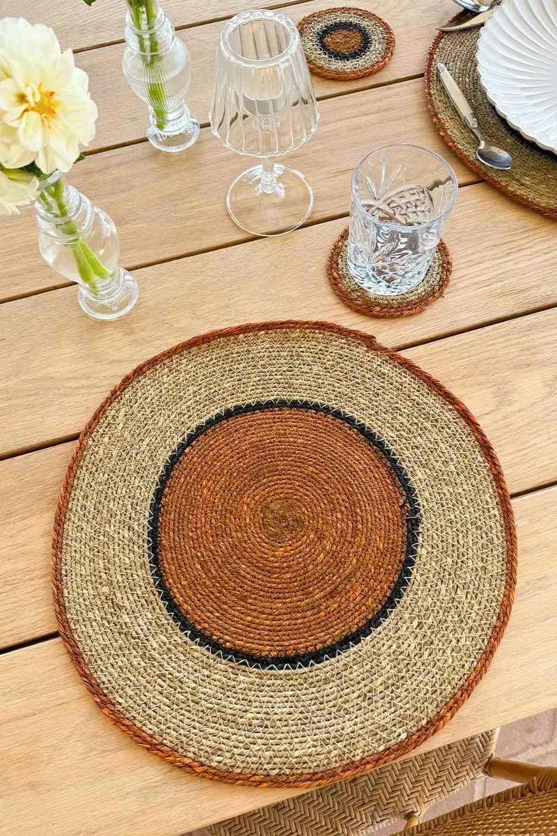 Individual Redondo de Seagrass Beige y Naranja