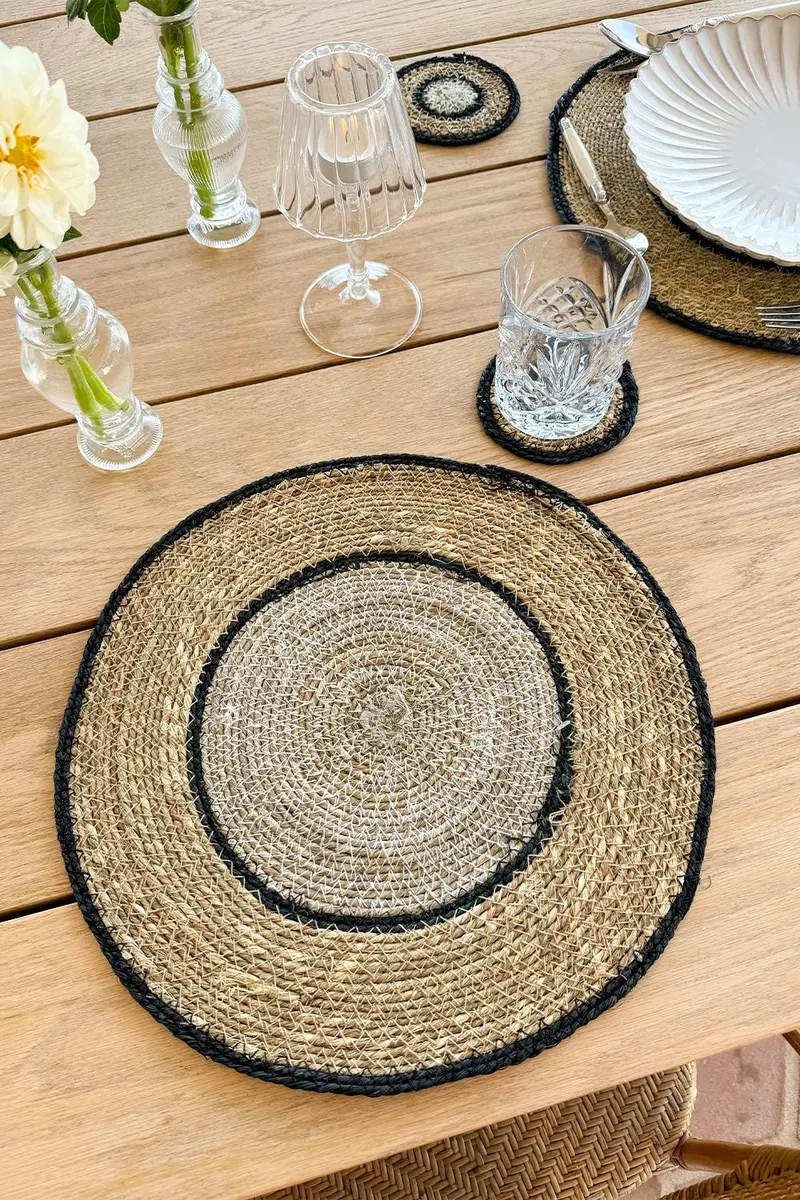 Individual Redondo de Seagrass Beige y Negro