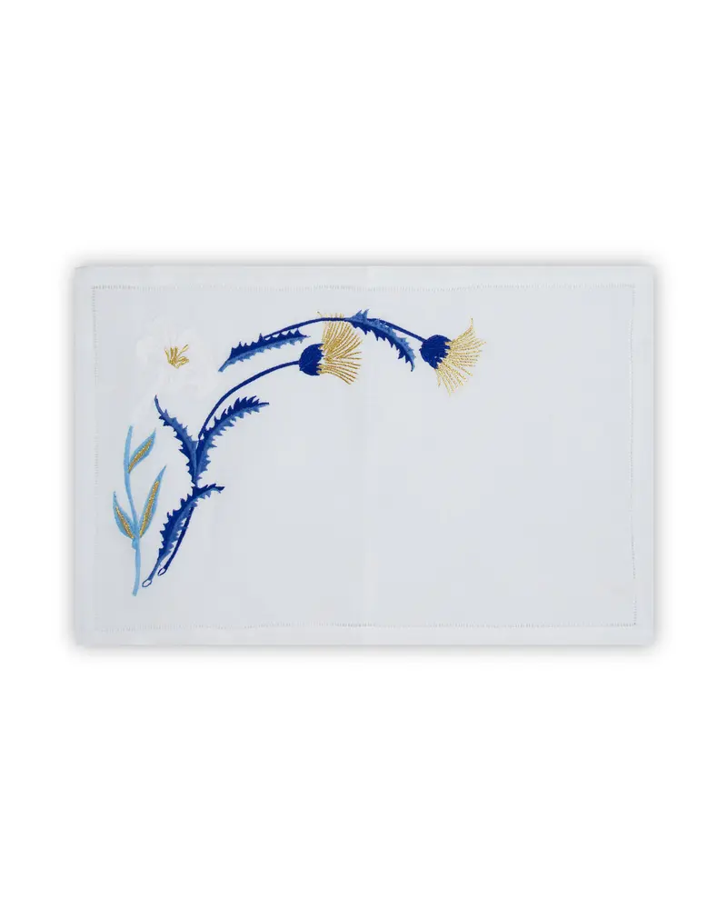 INDIVIDUAL Y SERVILLETA DE LINO CON BORDADO AZUL