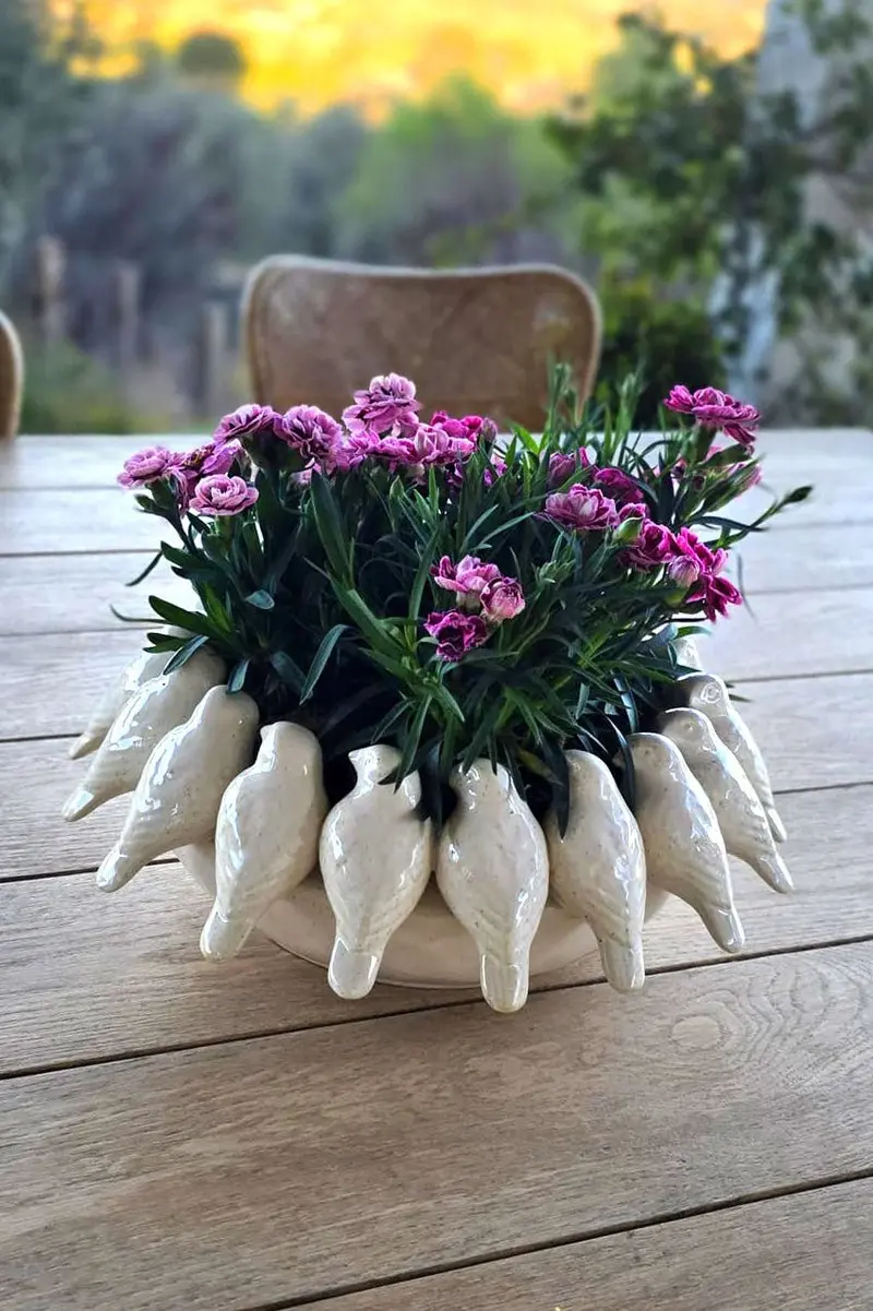 Jarrón Redondo Con Diseño De Pájaros Blanco