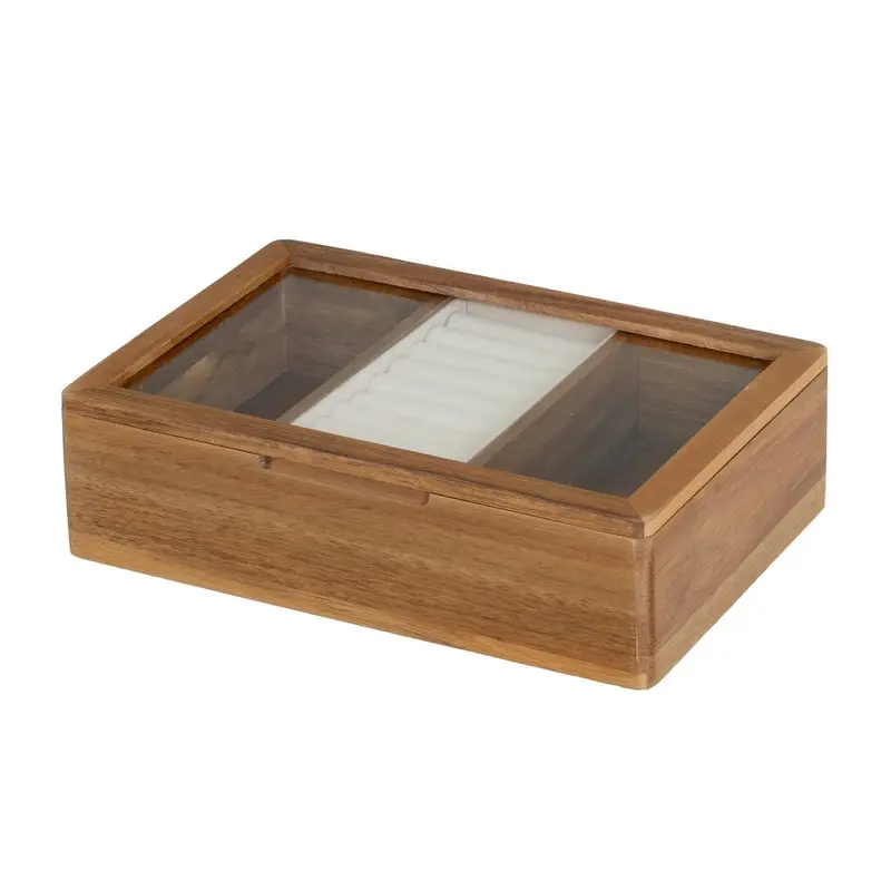 Joyero rectangular fabricado en madera de acacia y cristal marrón, 24x16 cm