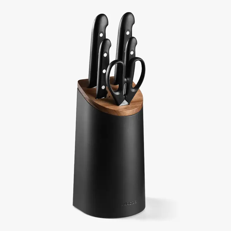 Juego cocina 4 Cuchillos Maitre + Tijera + Soporte de cuchillos negro con madera de acacia