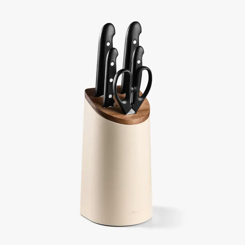 Juego cocina 4 Cuchillos Maitre + Tijeras + Soporte de cuchillos beige con madera de acacia