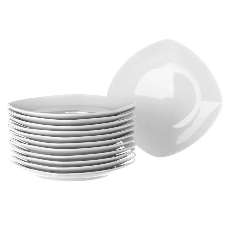 Juego de 12 platos llanos cuadrados en porcelana color blanco de 25 cm