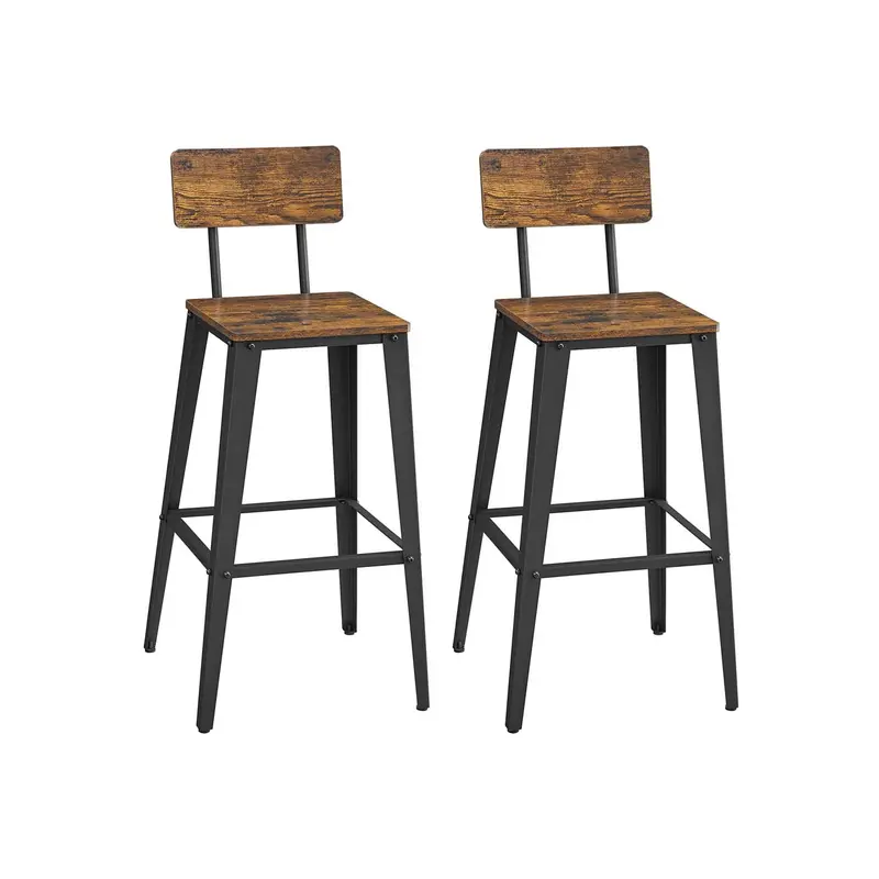 Juego de 2 Taburetes de Bar con Respaldo Industrial Marrón Rústico y Negro