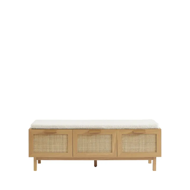 JUNE - Banco de entrada con almacenamiento para zapatos de madera y ratán L140cm