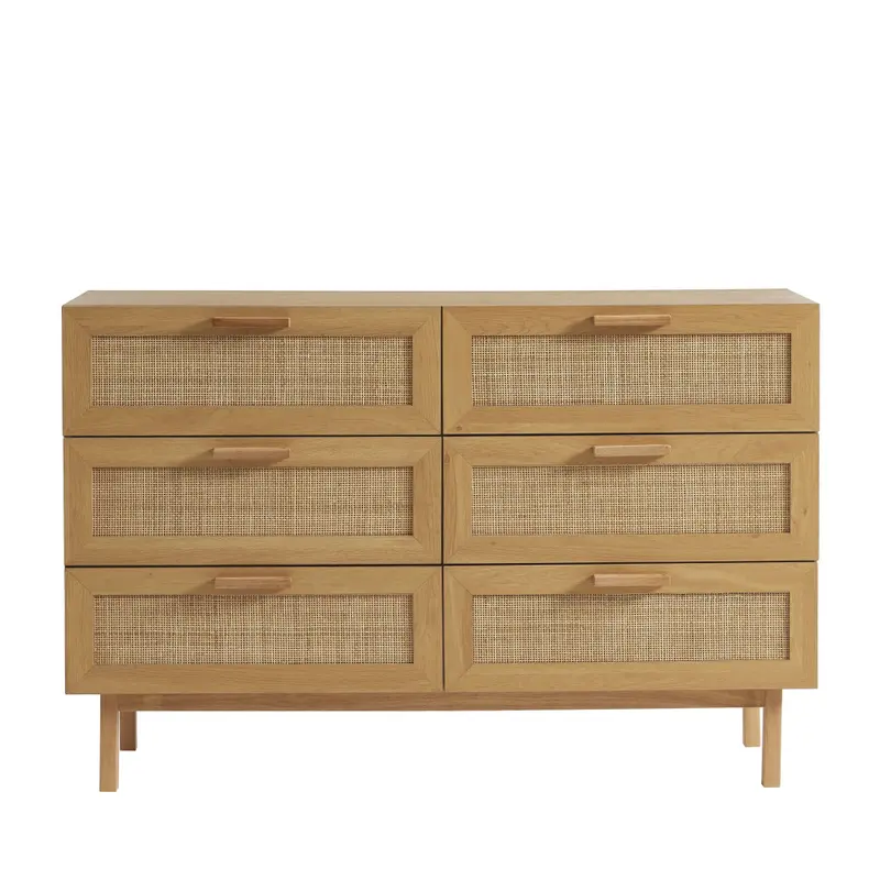 JUNE - Cómoda de 6 cajones de madera y trenzado L130cm