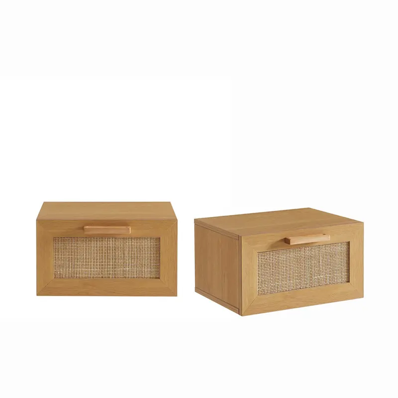 JUNE - Conjunto de 2 mesas de noche de pared con almacenamiento en madera y trenzado.