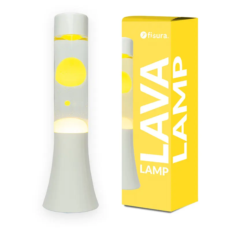 Lámpara de lava amarilla de 30 cm con base blanca y líquido transparente
