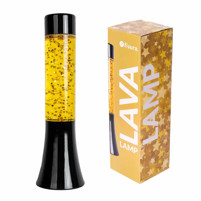 Lámpara de lava glitter de estrellas de 30 cm con base negra y líquido amarillo