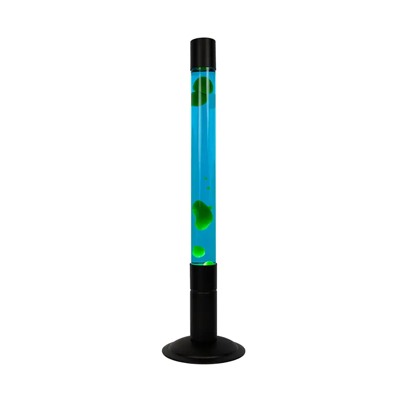 Lámpara de lava grande verde con base negra y líquido azul