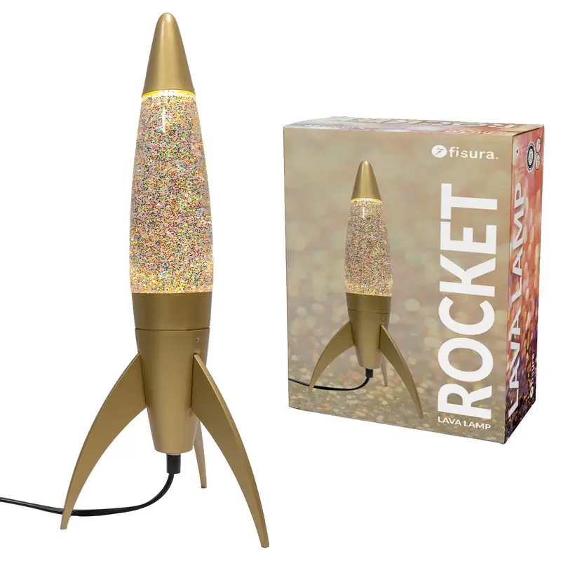 Lámpara de lava rocket purpurina oro