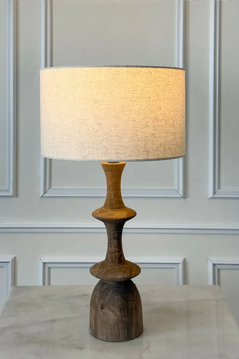 Lámpara De Mesa De Madera Con Pantalla De Lino