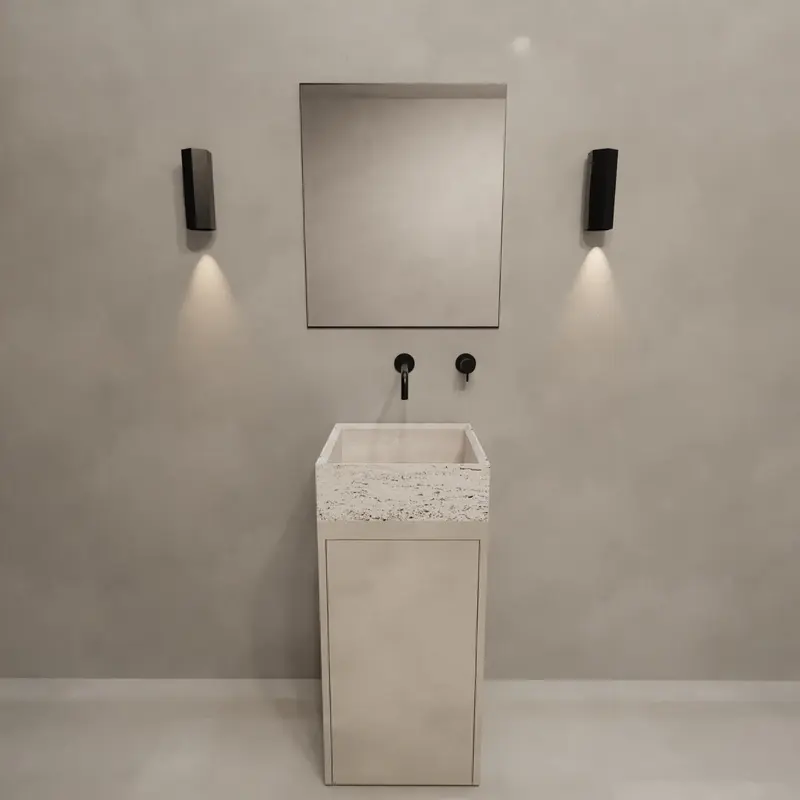 Lavamanos de travertino blanco - Base MicroSkin latte - Émile - Con estantes