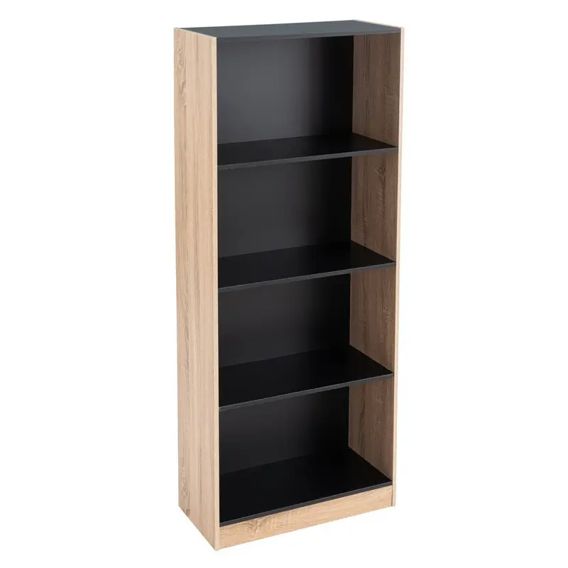 Librería de 4 estantes laminados color negro y roble de 60x29x147 cm