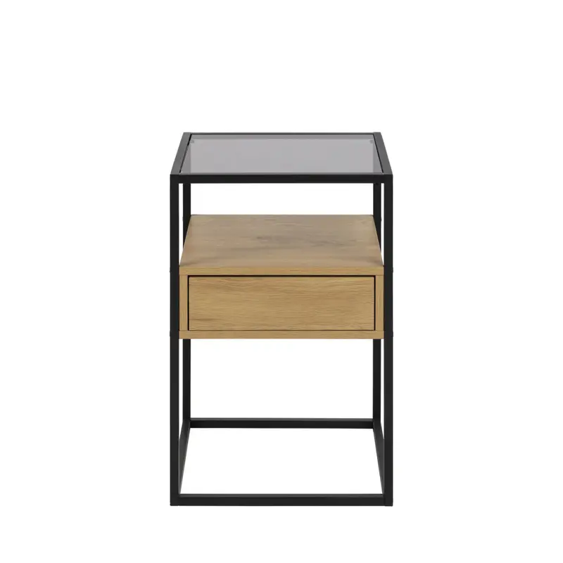 Luma - Mesita de noche con 1 cajón de vidrio, madera y metal