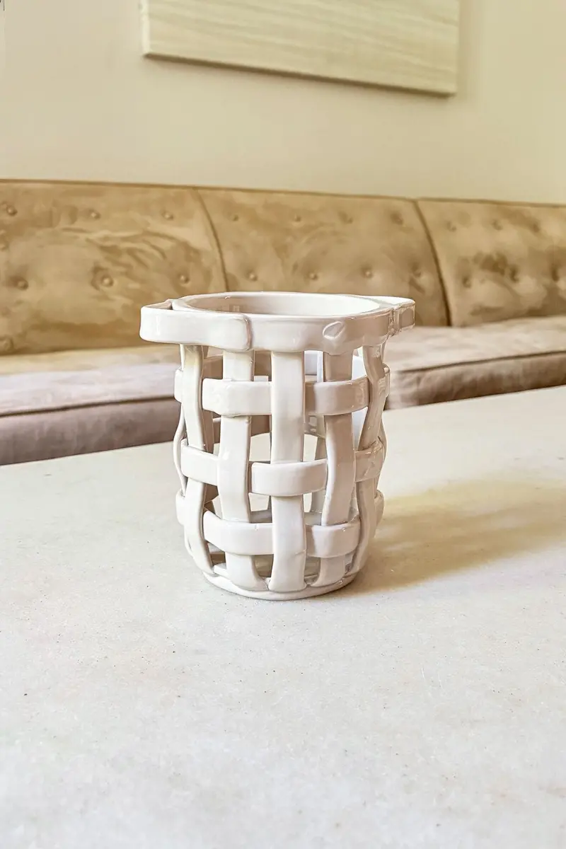 Macetero Con Asas Diseño Trenzado Beige