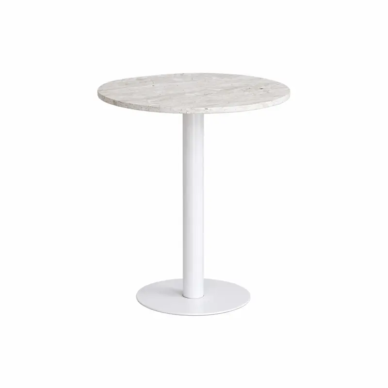 Mesa alta redonda Erik - Ancho 60 Profundidad 60 Alto 75 – Estructura blanca – Sobre de mesa de travertino gris