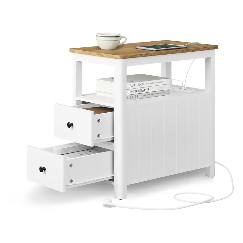 Mesa Auxiliar con 2 Cajones Marrón Nogal y Blanco