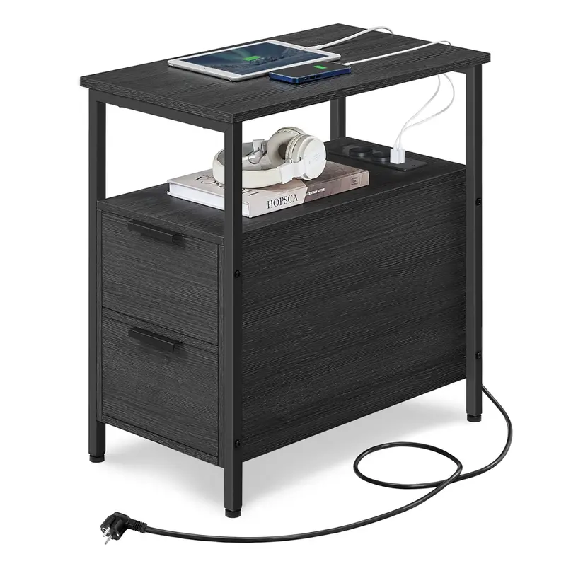 Mesa Auxiliar con Multienchufe Gris Ahumado y Negro Clásico