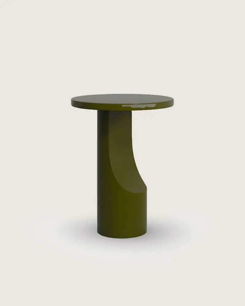 Mesa auxiliar salón comedor redonda microcemento calidad premium pequeña verde alto brillo Alia