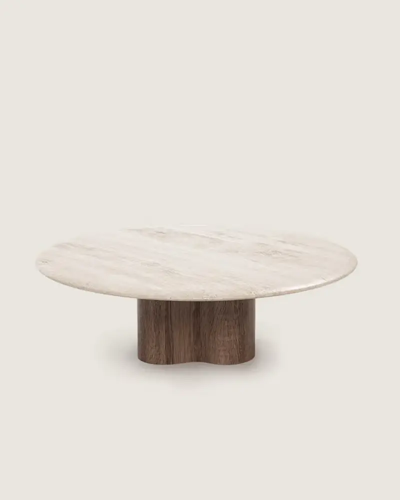 Mesa centro salón comedor redonda madera y mármol calidad premium mediana travertino blanco Hara