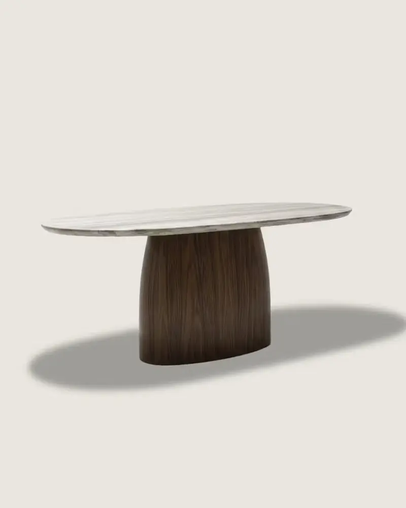 mesa comedor ovalada madera y mármol travertino gris calidad premium grande nogal Kaia