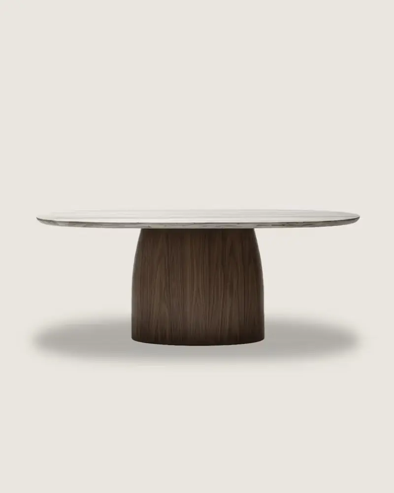 Mesa comedor ovalada madera y mármol travertino gris calidad premium mediana nogal Kaia