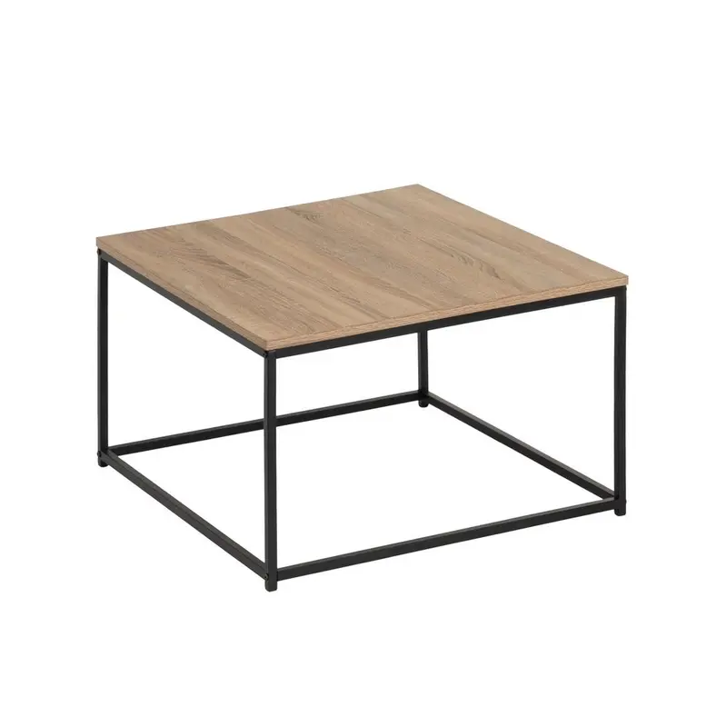 Mesa de centro cuadrada de metal negro y tablero color roble de 70x70x40 cm