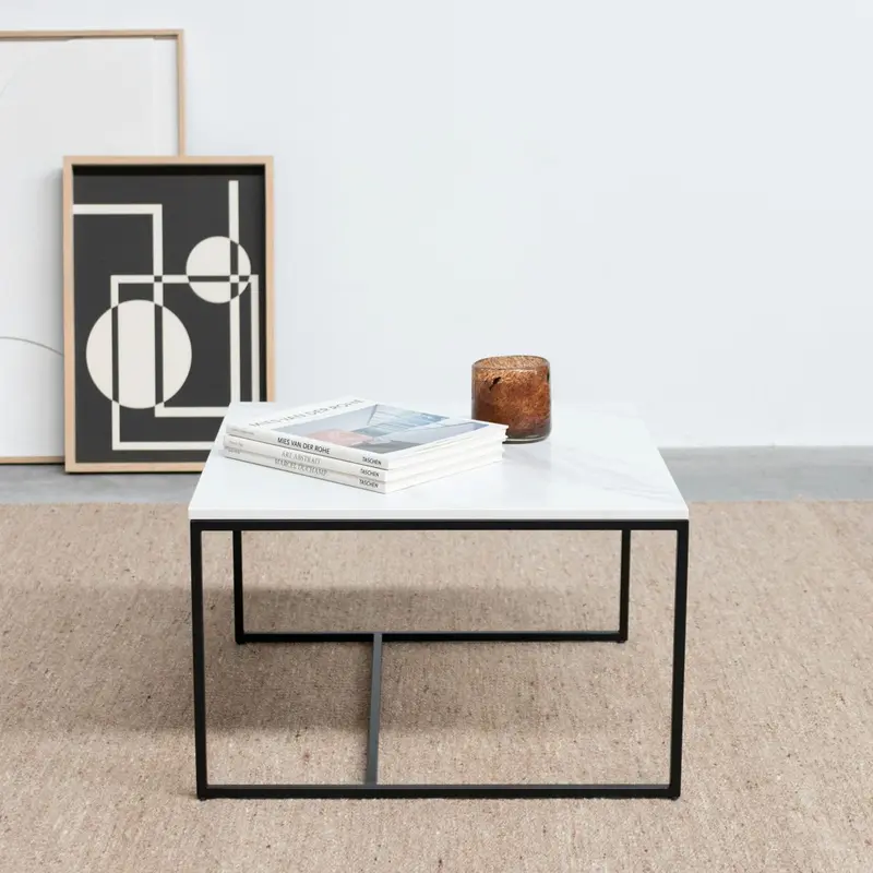 Mesa de centro de cerámica - Miles - Cerámica blanca Calacatta - 55×55×35cm