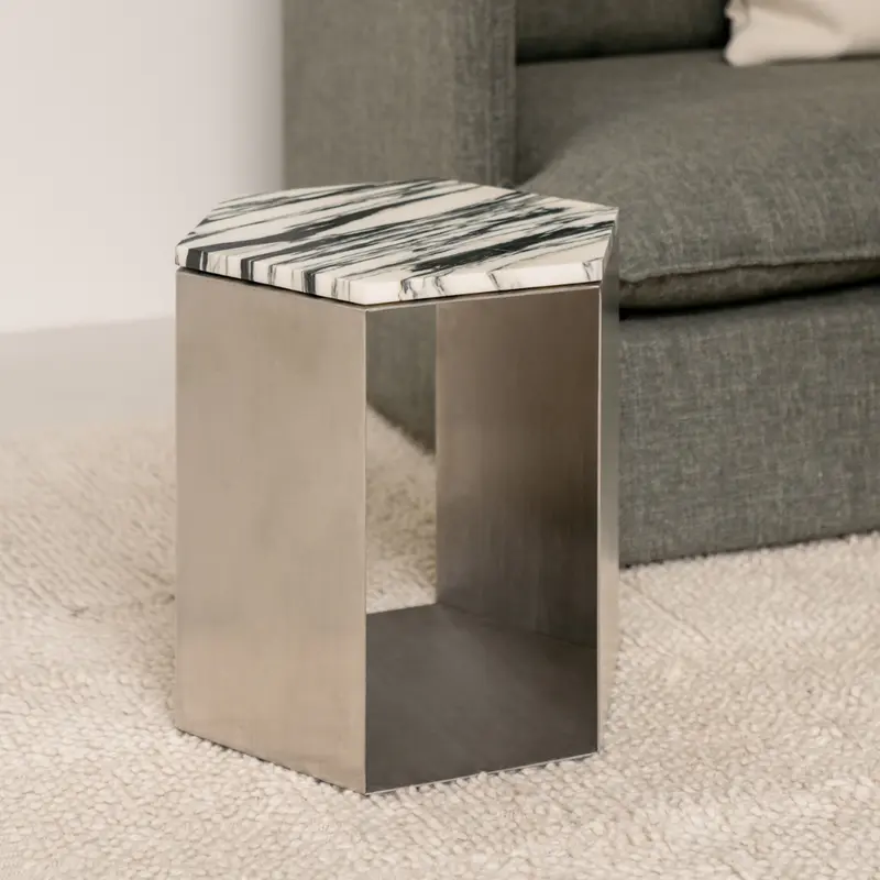 Mesa de centro de mármol Acero inoxidable – Hexágono - una elegante combinación de mármol y acero