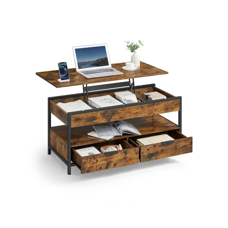 Mesa de Centro Elevable Marrón Rústico y Negro Tinta