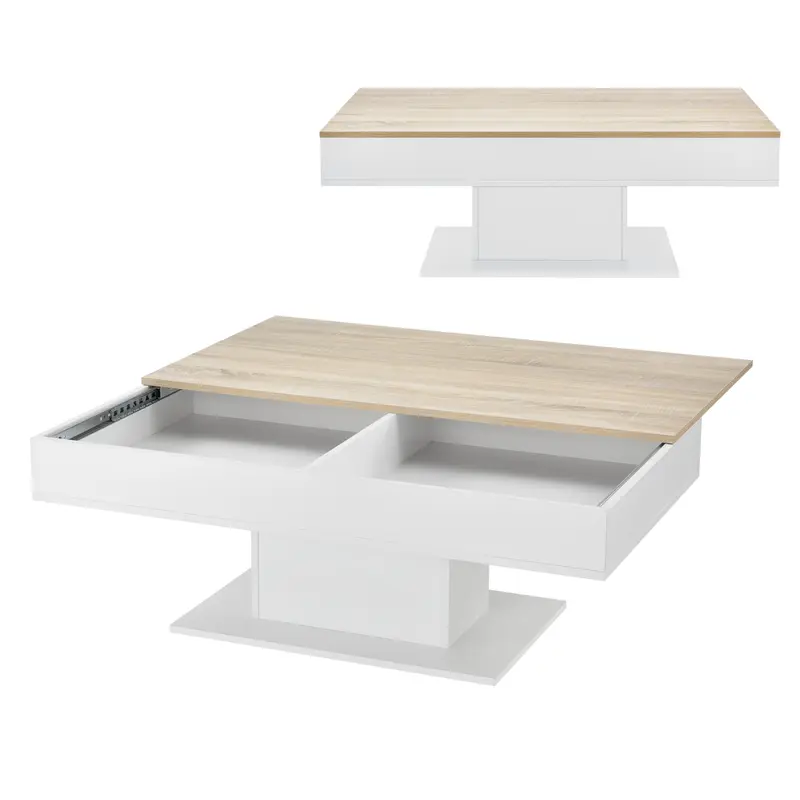 Mesa de centro Lünen 40x110x60cm con 2 compartimentos de almacenamiento en aspecto roble blanco en.casa