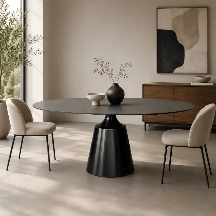 Mesa de comedor oval base Onix gris grafito piedra sinterizada