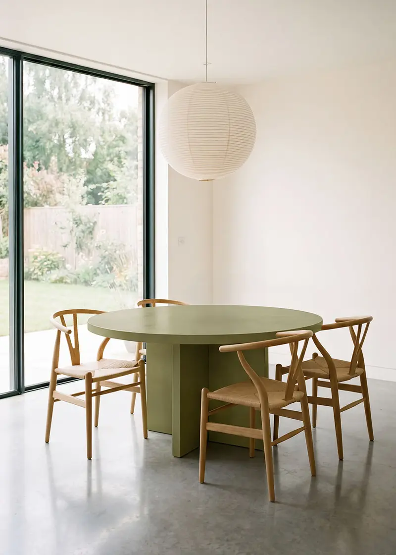 Mesa de comedor redonda de madera lacada en verde o azul