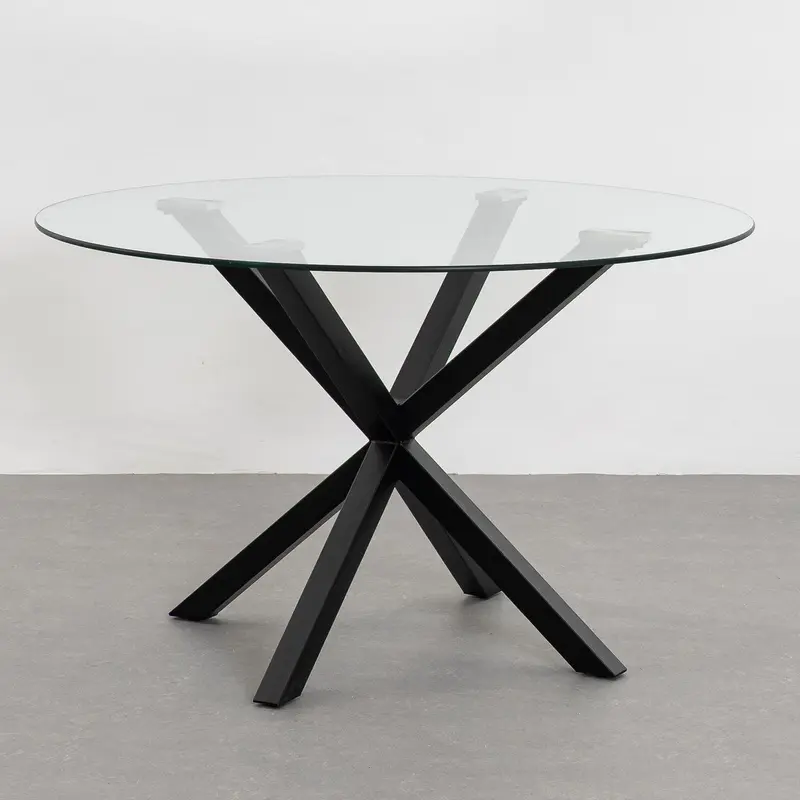 Mesa de cristal templado y cruceta de metal negra de 120 cm de diámetro