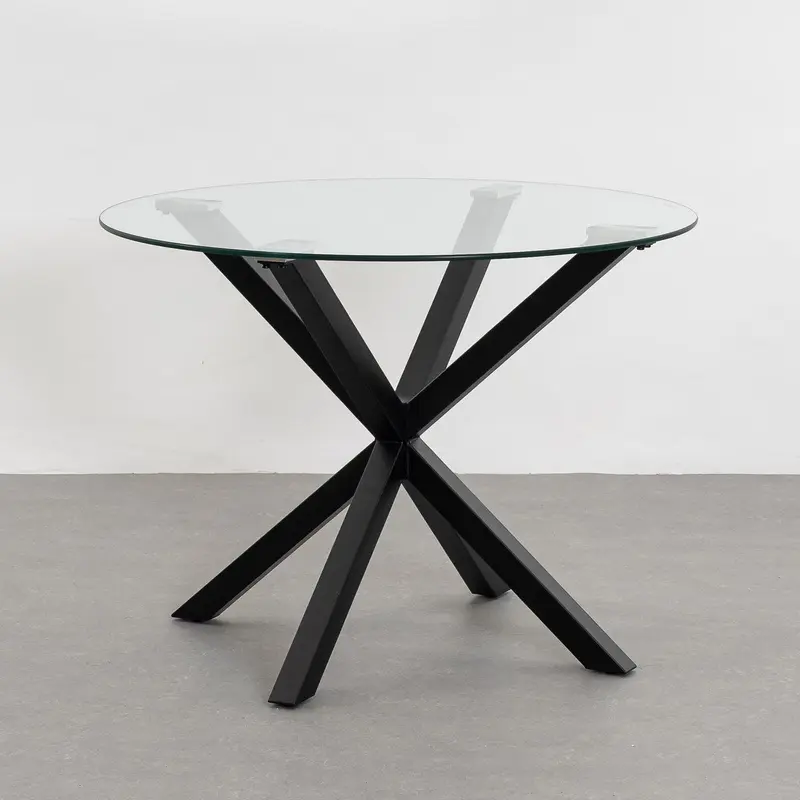 Mesa de cristal templado y cruceta de metal negro de 100 cm de diámetro