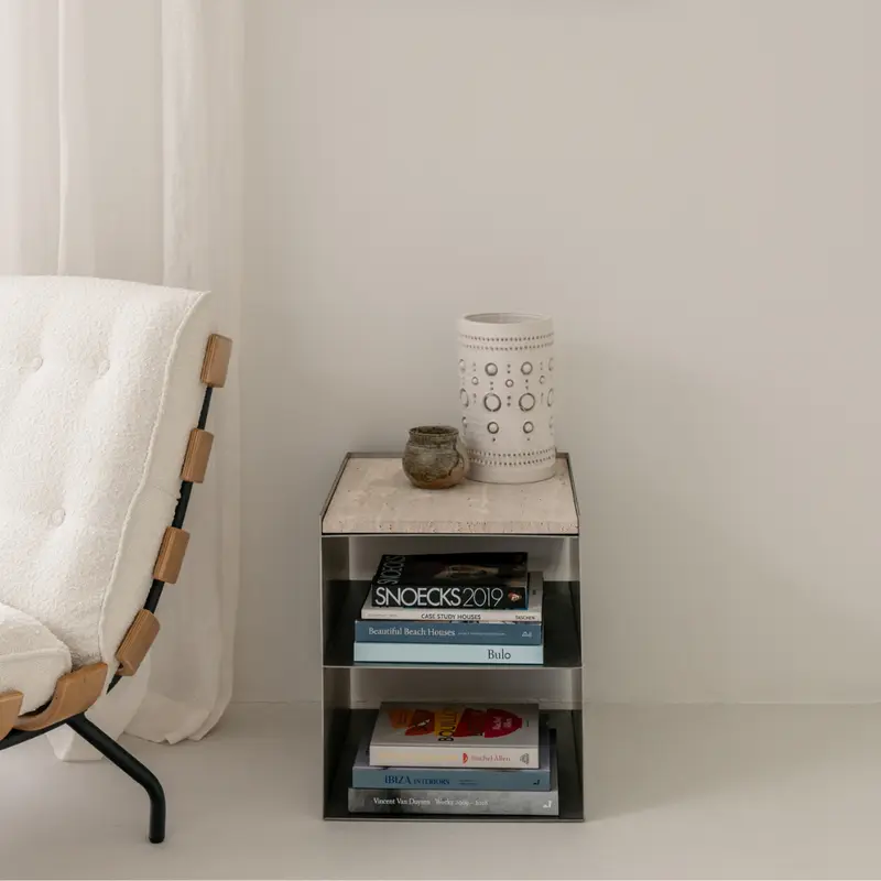 Mesa de salón Sofia – Travertino blanco y cromo
