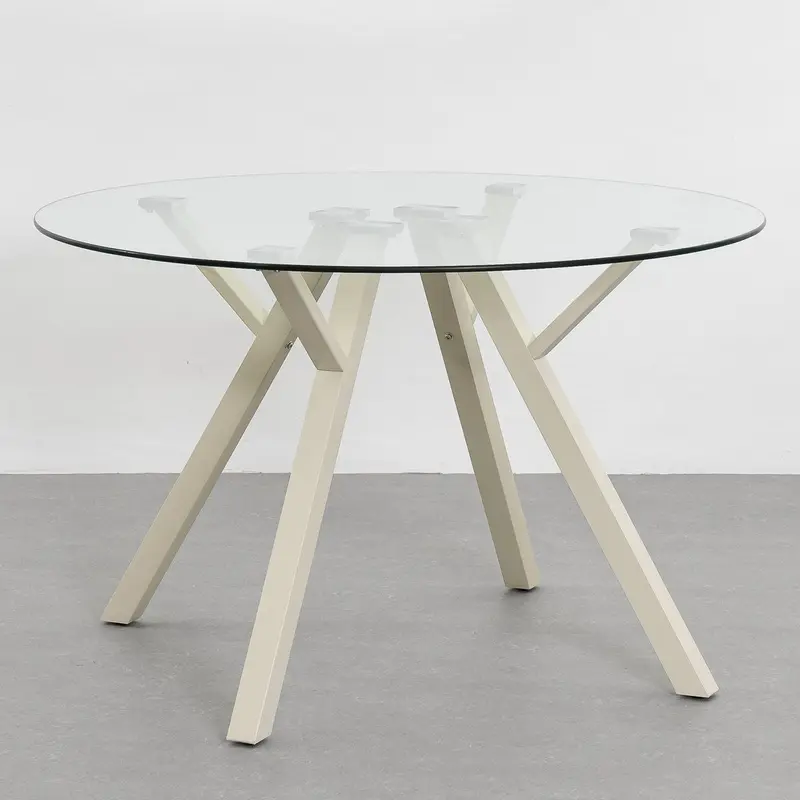 Mesa redonda de cristal templado y metal beige de 120 cm de diámetro