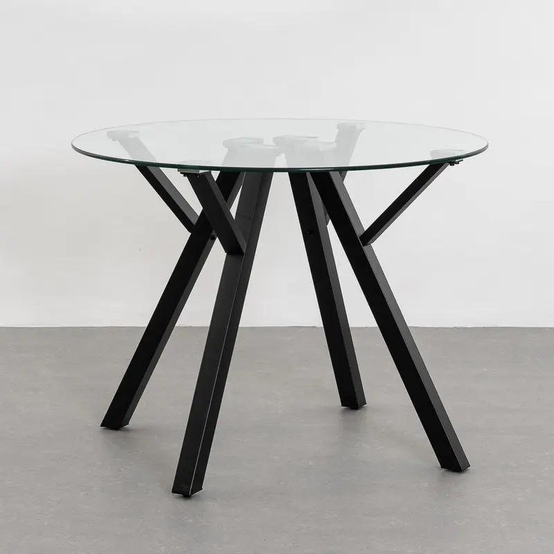 Mesa redonda de cristal templado y metal negro de 100 cm de diámetro