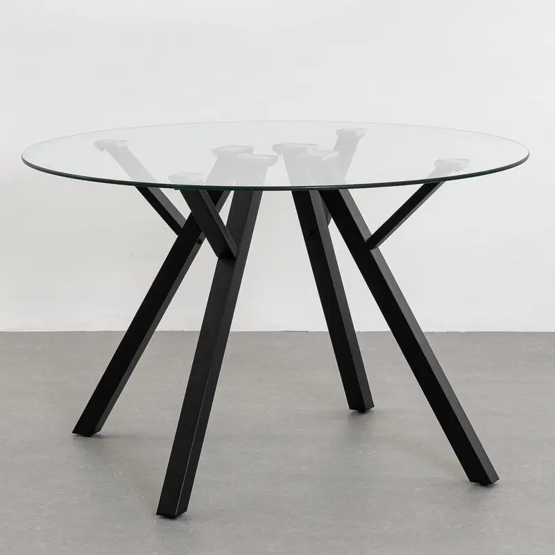 Mesa redonda de cristal templado y metal negro de 120 cm de diámetro