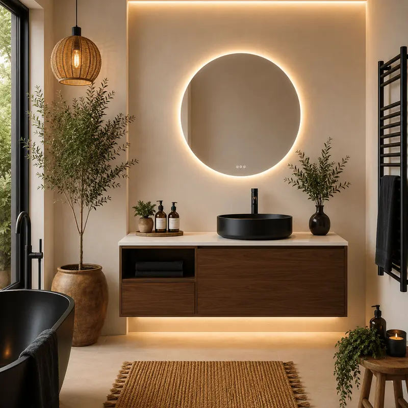 Mueble de Baño Olena 120 cm con Lavabo Redondo Negro y Espejo LED
