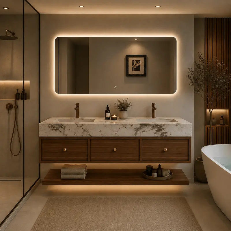 Mueble de baño Sendai con espejo LED, 3 cajones y piedra sinterizada pandora