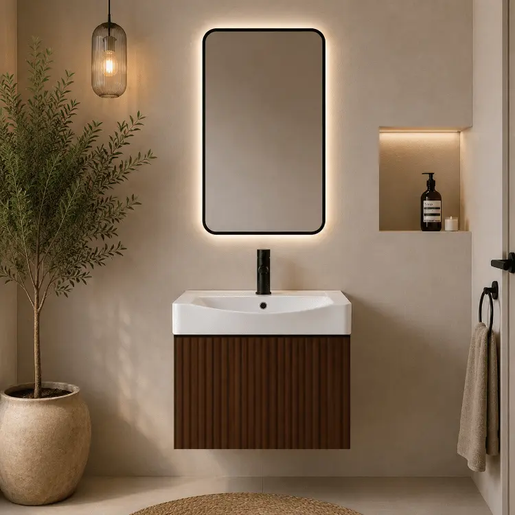 Mueble de baño suspendido NORI 50 con espejo LED y lavabo cerámico