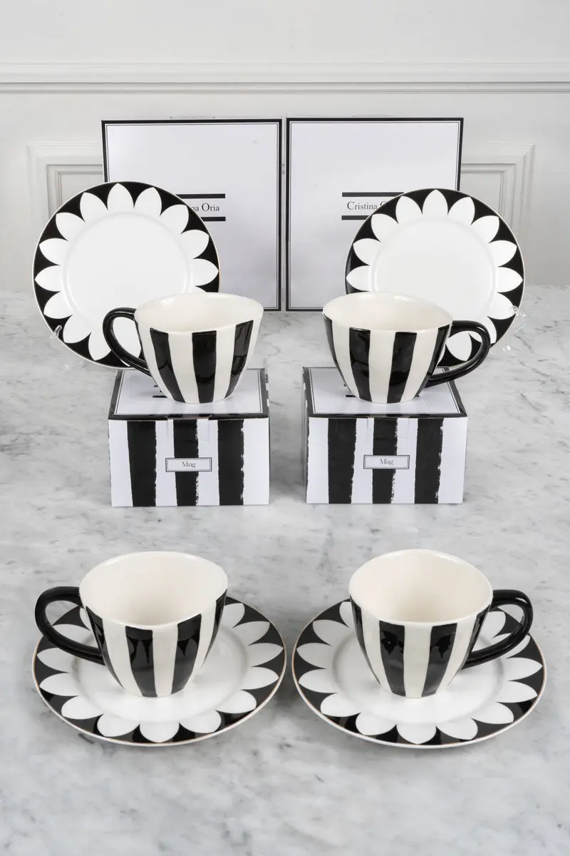 Mug Artesana Rayas & Plato De Postre Ondas Para Dos Personas