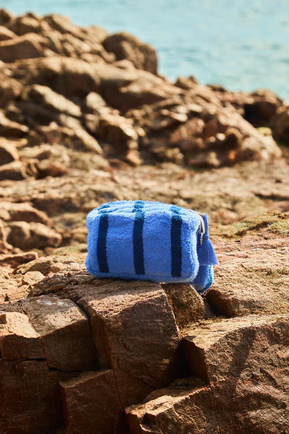 Neceser de algodón rizo con diseño a rayas azules Saturno