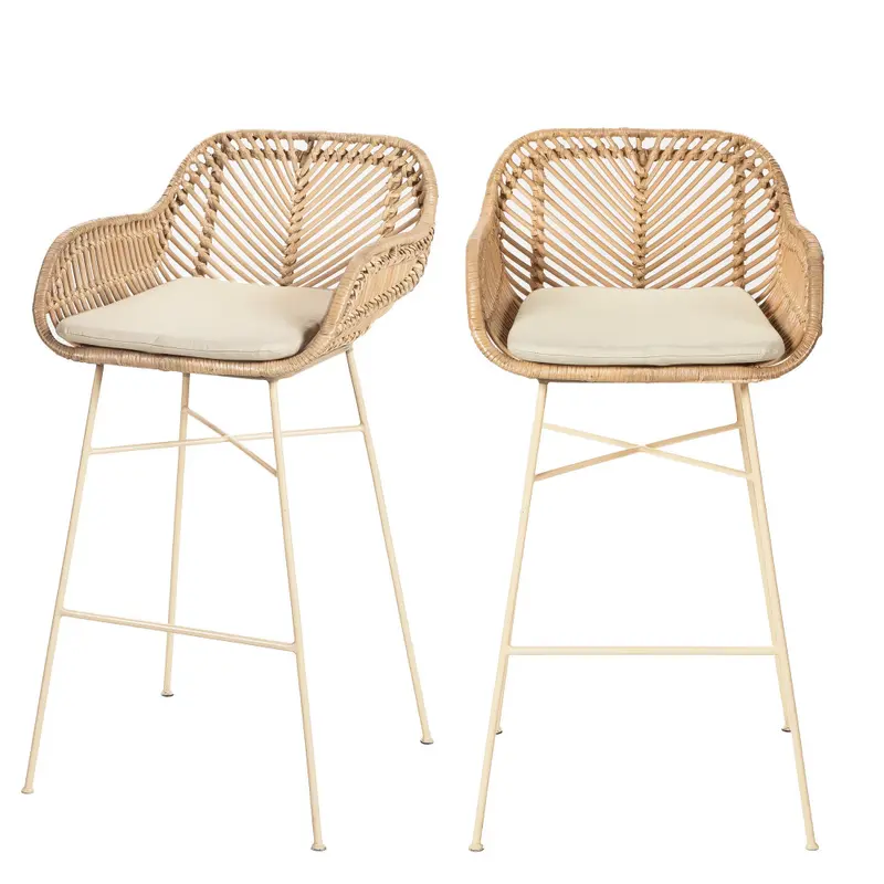NUNUHAI - Lote de 2 taburetes de bar de ratán con patas beige de 68cm.