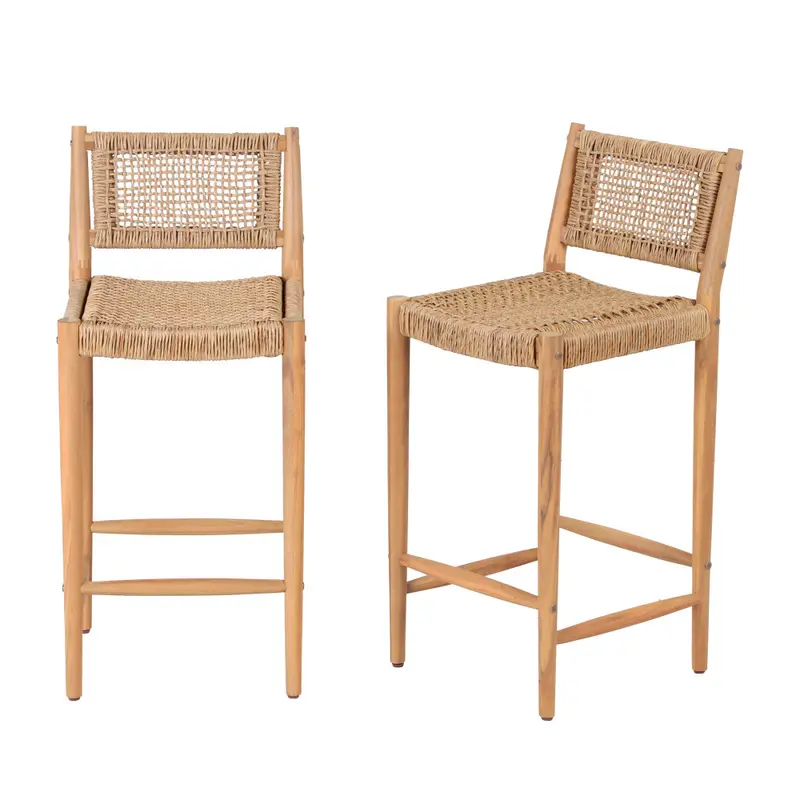 Nuri - Lote de 2 taburetes de bar interiores/exteriores en madera de acacia y resina trenzada H66cm